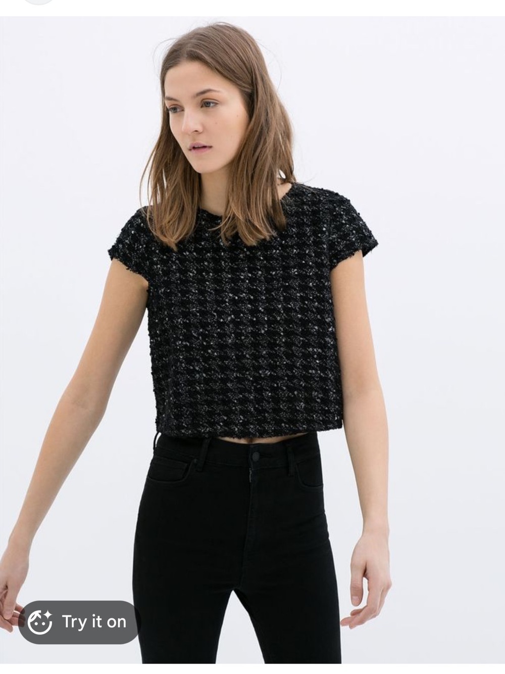 Zara Woman Medium cropped top tweed boucle black white